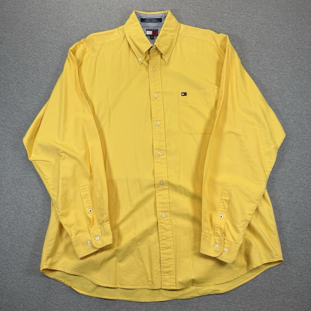Tommy Hilfiger Vtg 90s Yellow Long Sleeve Button Up Shirt Crested Mens XL